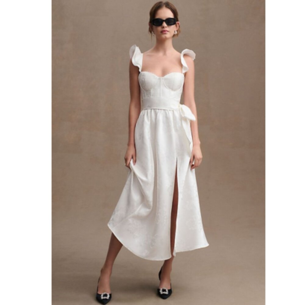 V. Chapman Vera Satin Ruffled-Sleeve Bustier Midi Dress / White / Size 10